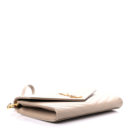 Saint Laurent Grain De Poudre Matelasse Chevron Monogram Envelope Clutch Dark Beige 4 of 9