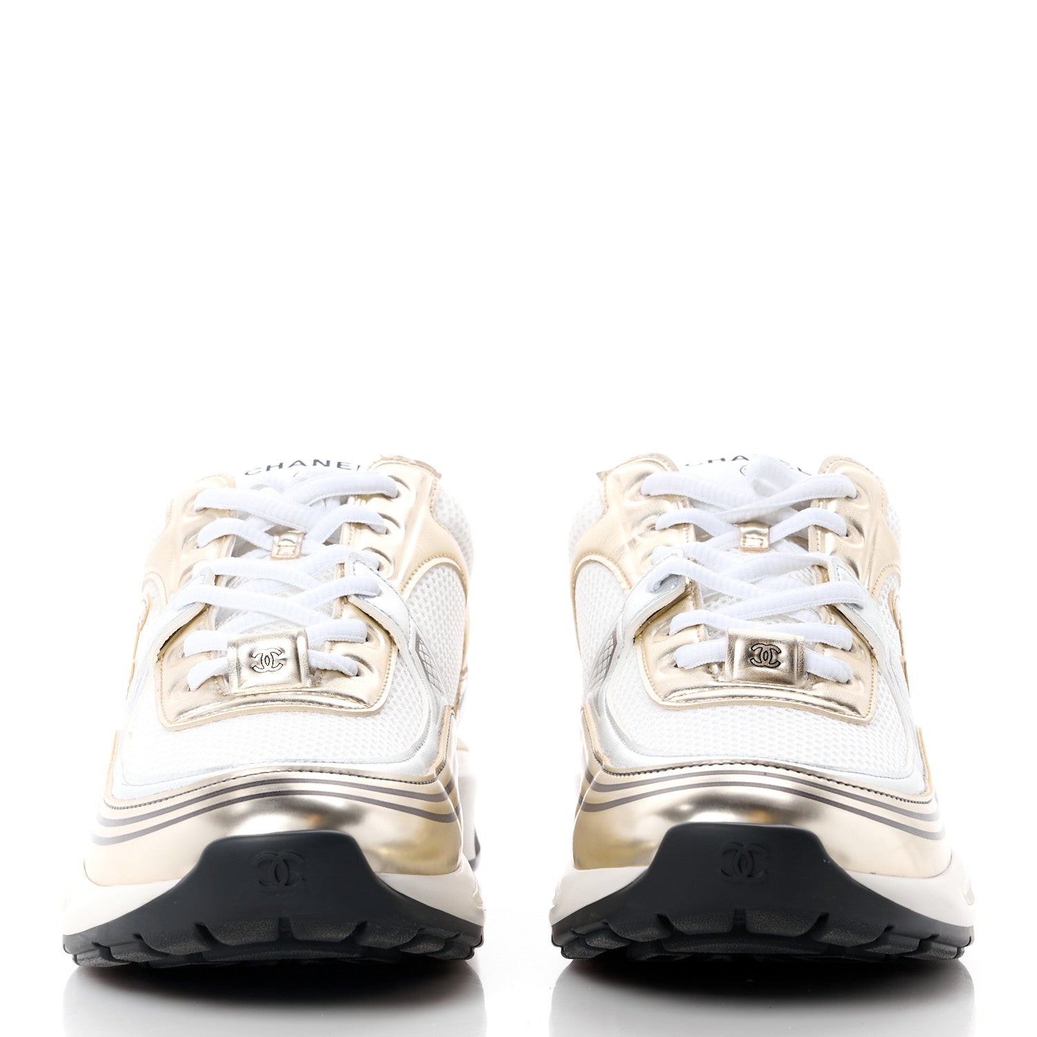 Chanel Fabric Laminated Calfskin Stretch CC Sneakers 41 White Gold Silver 2 of 9