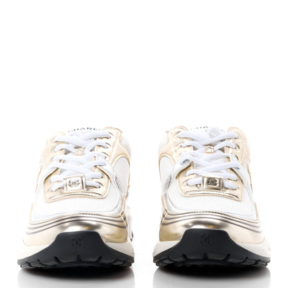 Chanel Fabric Laminated Calfskin Stretch CC Sneakers 41 White Gold Silver 2 of 9
