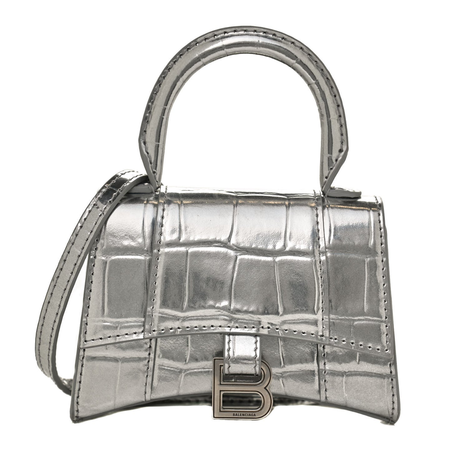 Metallic Calfskin Crocodile Embossed Hourglass Top Handle Bag Mini Silver