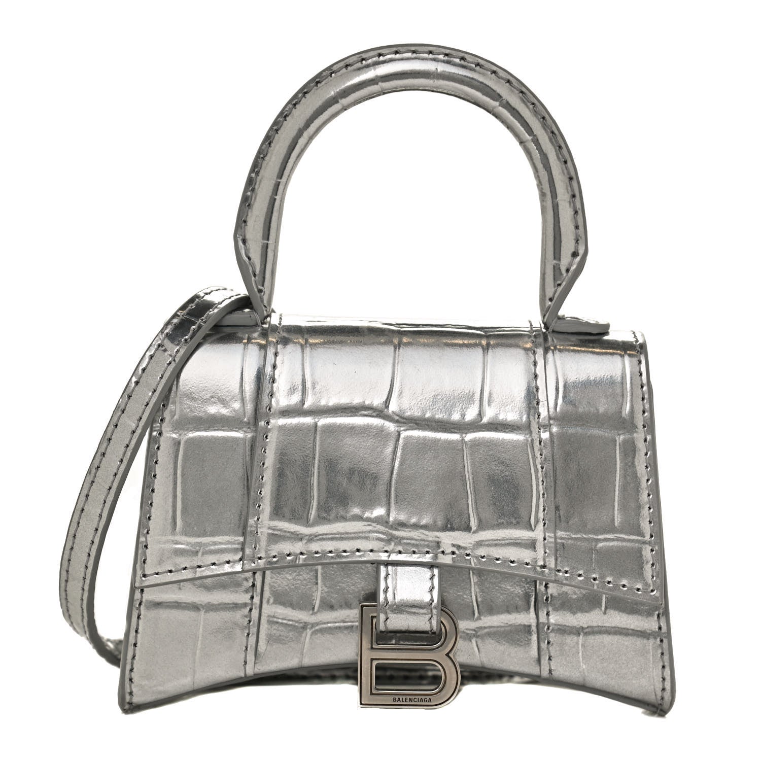 Balenciaga Metallic Calfskin Crocodile Embossed Hourglass Top Handle Bag Mini Silver 1 of 9