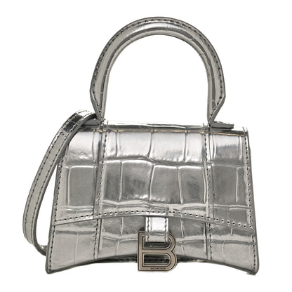 Balenciaga Metallic Calfskin Crocodile Embossed Hourglass Top Handle Bag Mini Silver 1 of 9