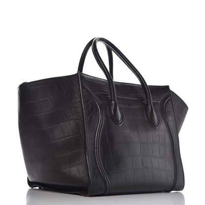 Celine Crocodile Embossed Calfskin Medium Phantom Luggage Black 3 of 10