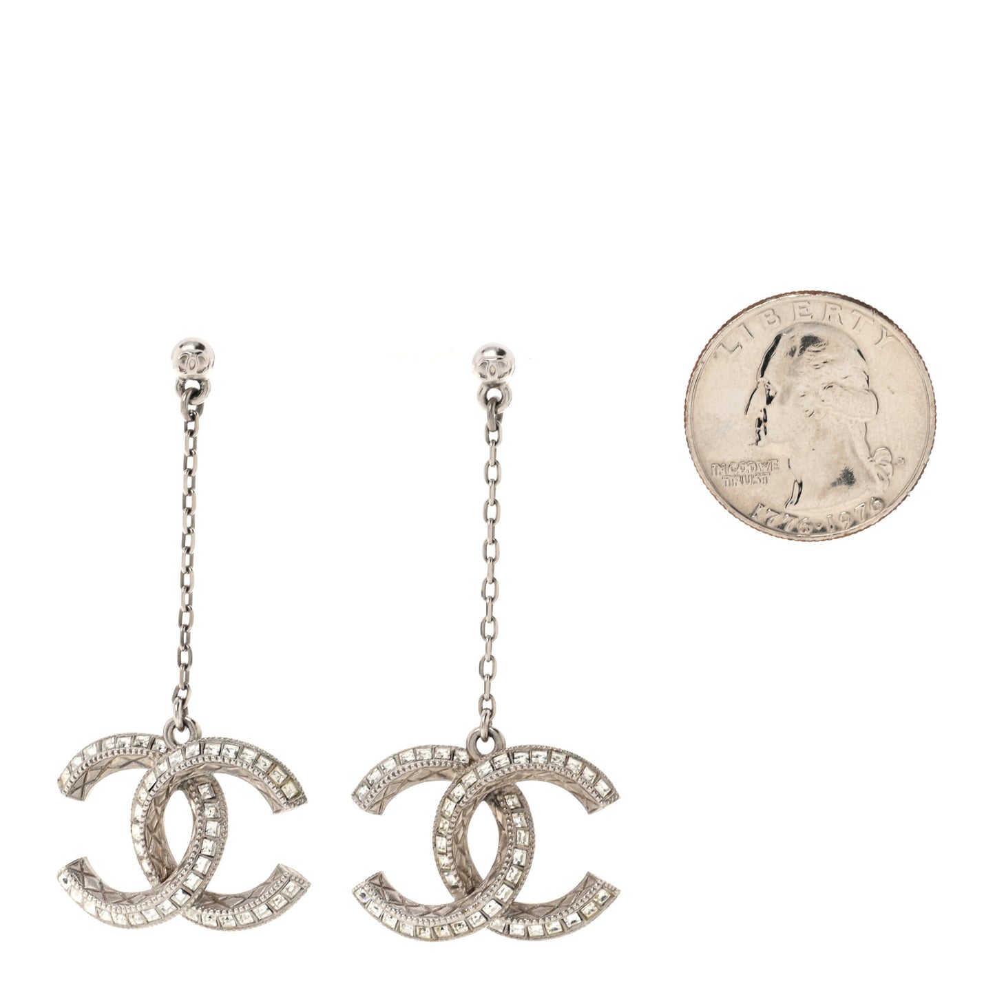 Baguette Crystal Quilted CC Drop Earrings Silver