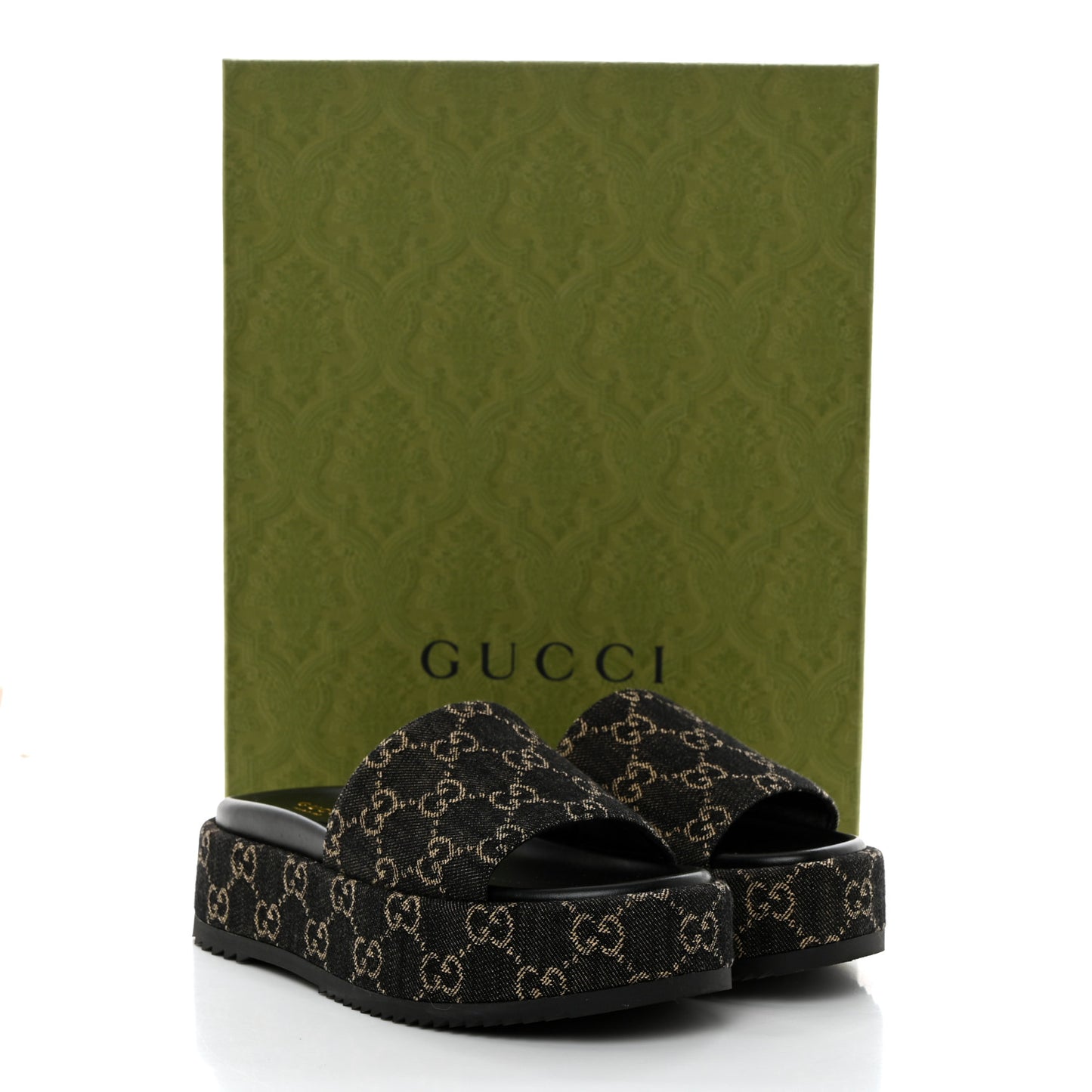 Jacquard Black Denim GG Monogram Angelina Platform 55mm Slide Sandals 36.5 Black Ivory