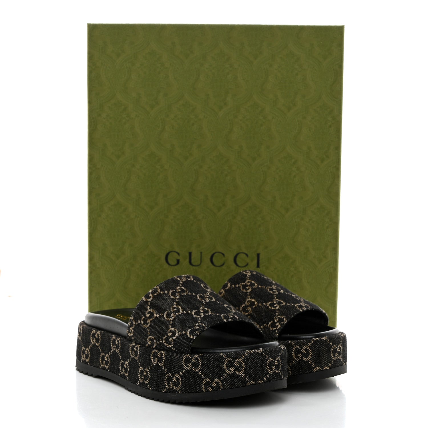 Gucci Jacquard Black Denim GG Monogram Angelina Platform 55mm Slide Sandals 36.5 Black Ivory 9 of 9