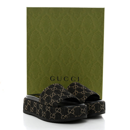 Gucci Jacquard Black Denim GG Monogram Angelina Platform 55mm Slide Sandals 36.5 Black Ivory 9 of 9