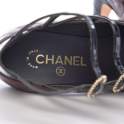 Chanel Patent Calfskin Quilted CC Cap Toe Pumps 37 Burgundy Navy 6 of 12
