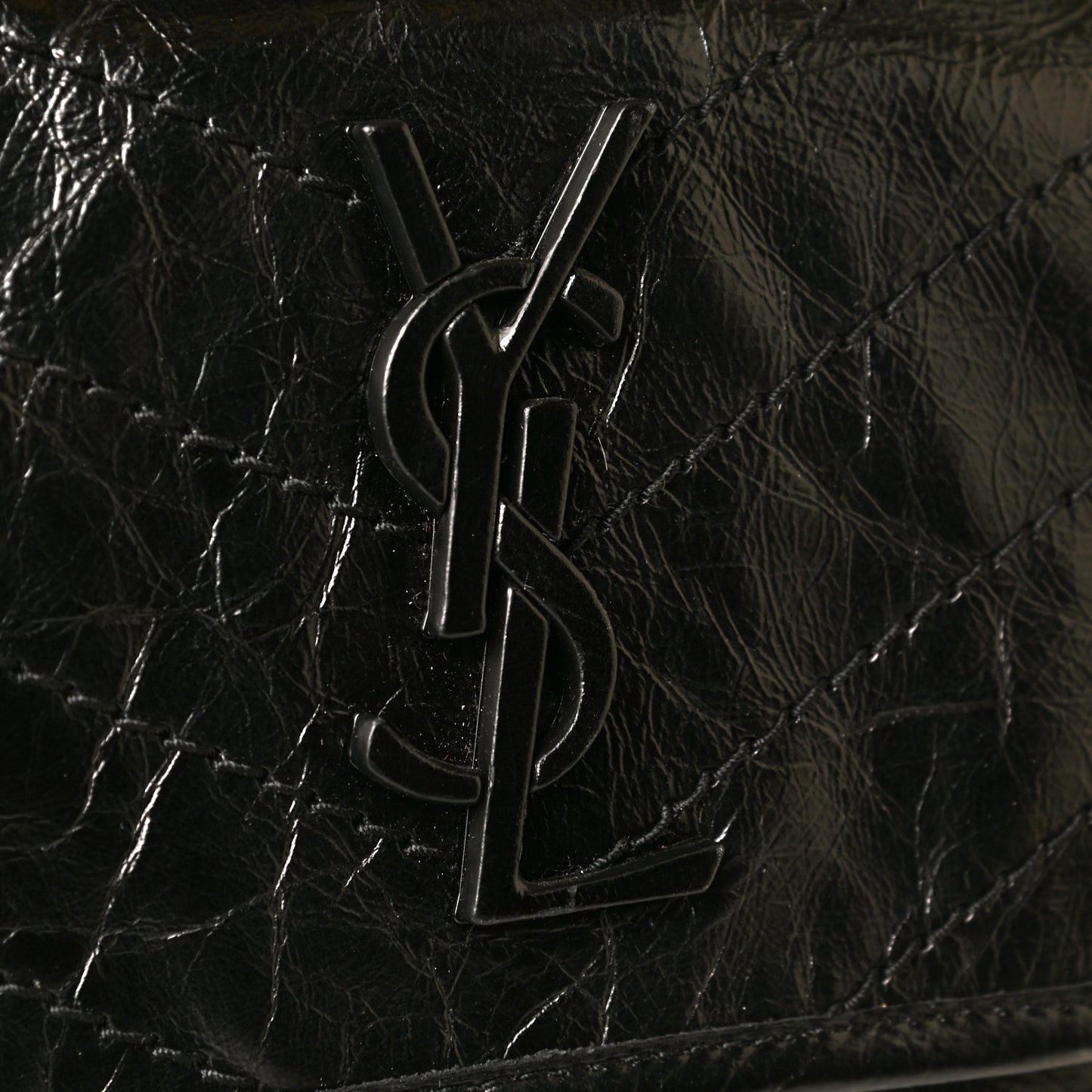 Crinkled Calfskin Matelasse Monogram Large Niki Chain Satchel Black