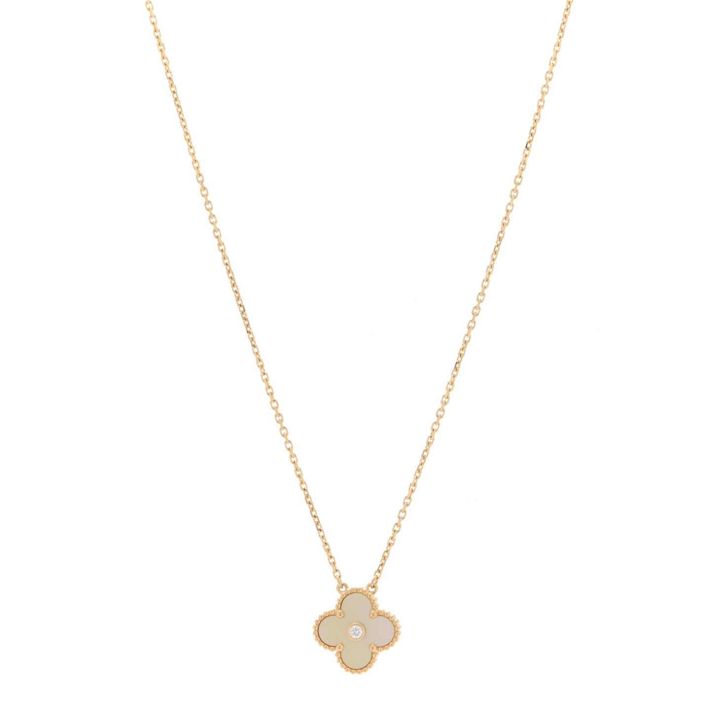 18K Yellow Gold Diamond Yellow Mother of Pearl Vintage Alhambra Pendant Necklace