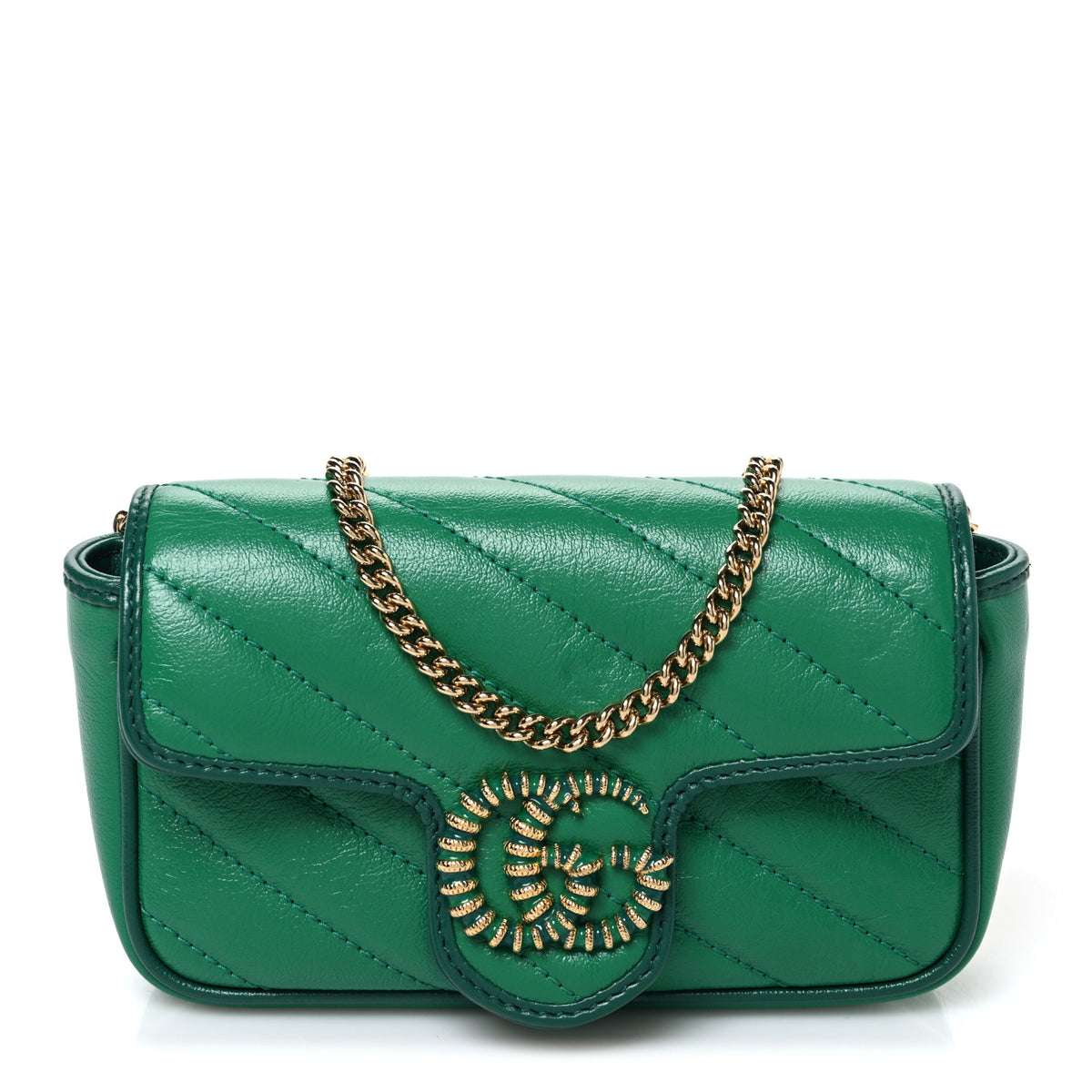 Azalea Calfskin Enamel Matelasse Diagonal Super Mini Torchon GG Marmont Shoulder Bag New Shamarock Emerald