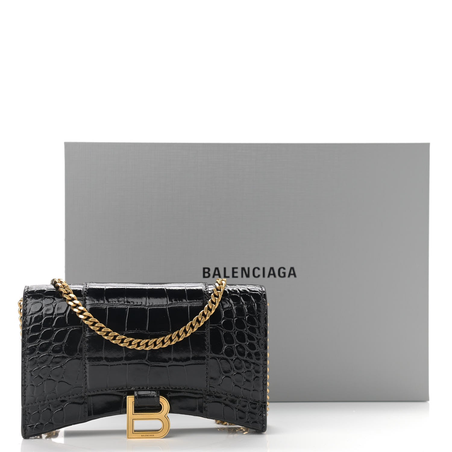 Balenciaga Shiny Calfskin Crocodile Embossed Hourglass Chain Bag Black 11 of 11