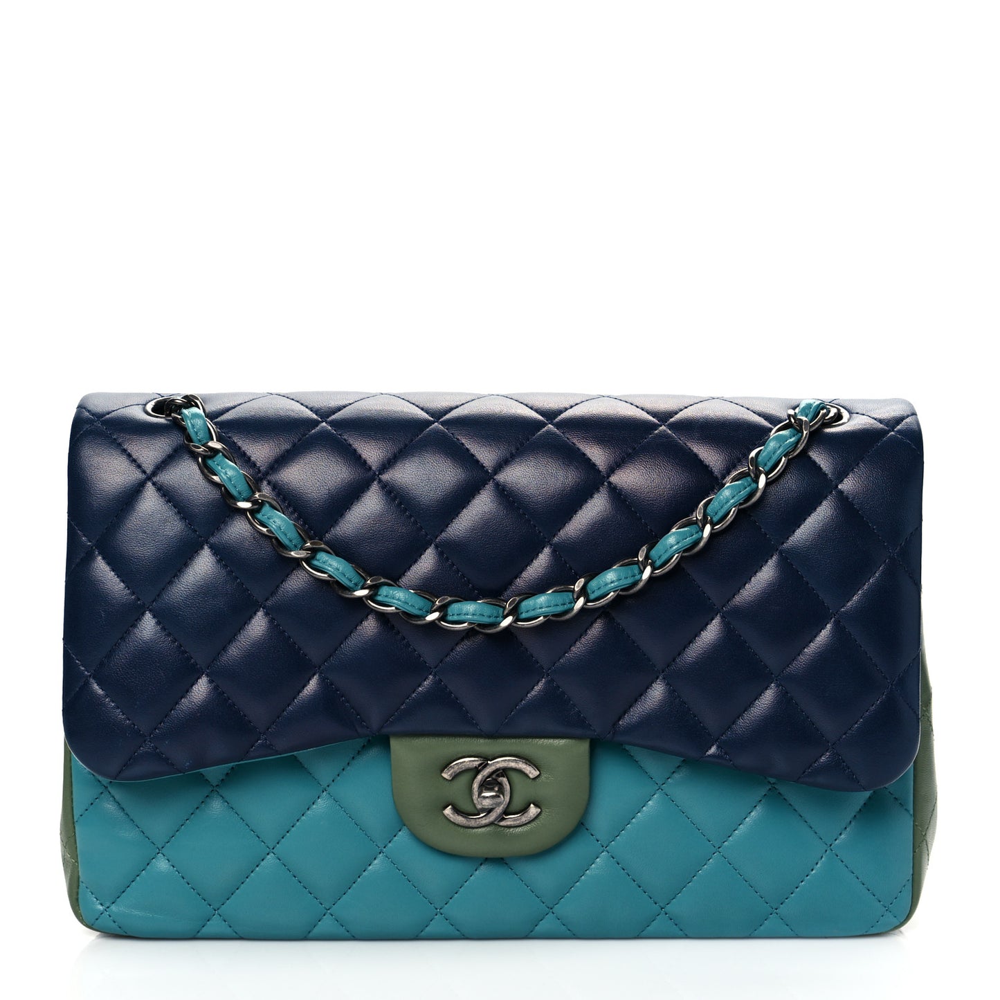 Lambskin Quilted Tri-Color Jumbo Double Flap Navy Blue Green