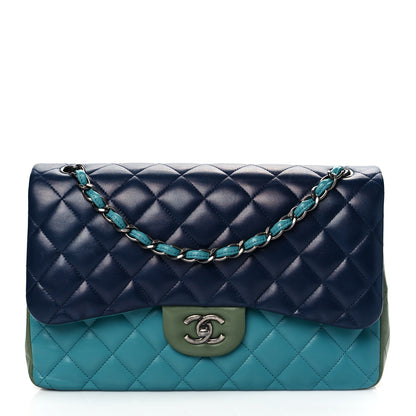Chanel Lambskin Quilted Tri-Color Jumbo Double Flap Navy Blue Green 1 of 9