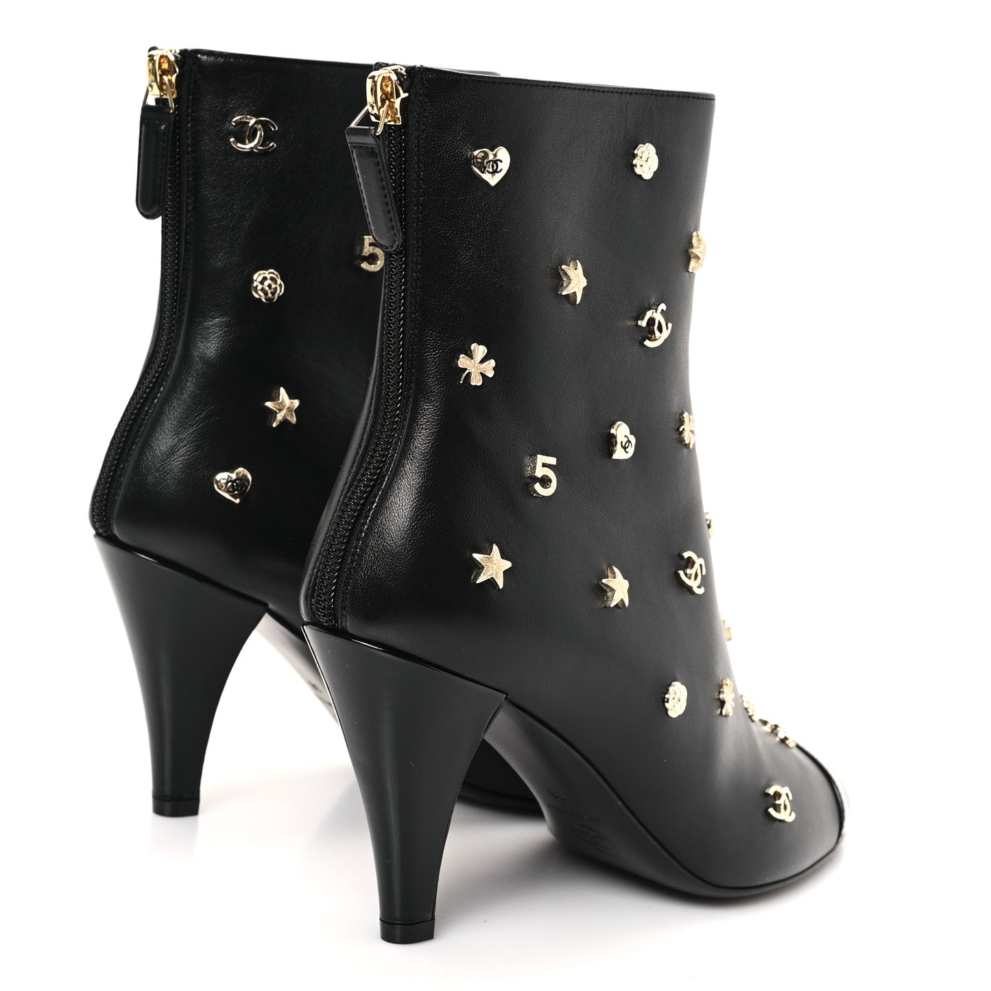Lambskin Patent Cap Toe Charms Ankle Booties 38 Black