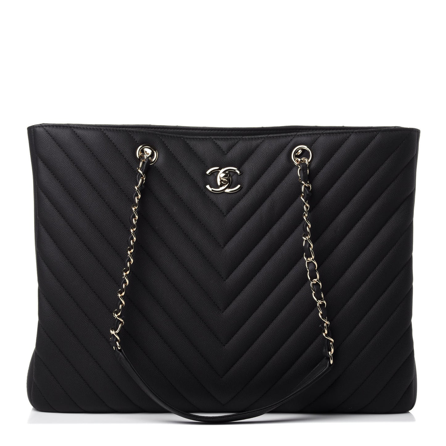 Caviar Flat Chevron Quilted Large Shopping Tote Black
