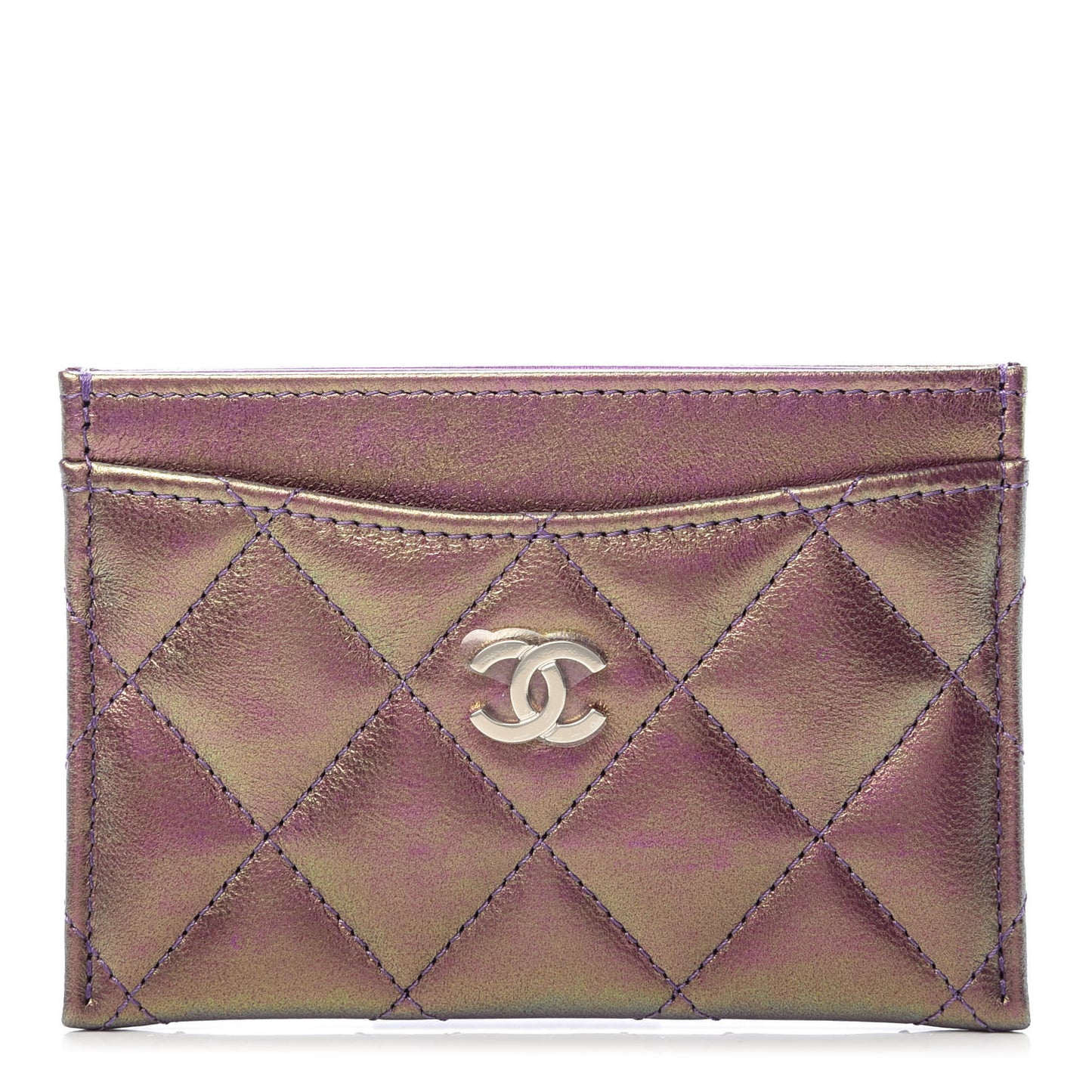 Iridescent Lambskin Quilted Card Holder Purple
