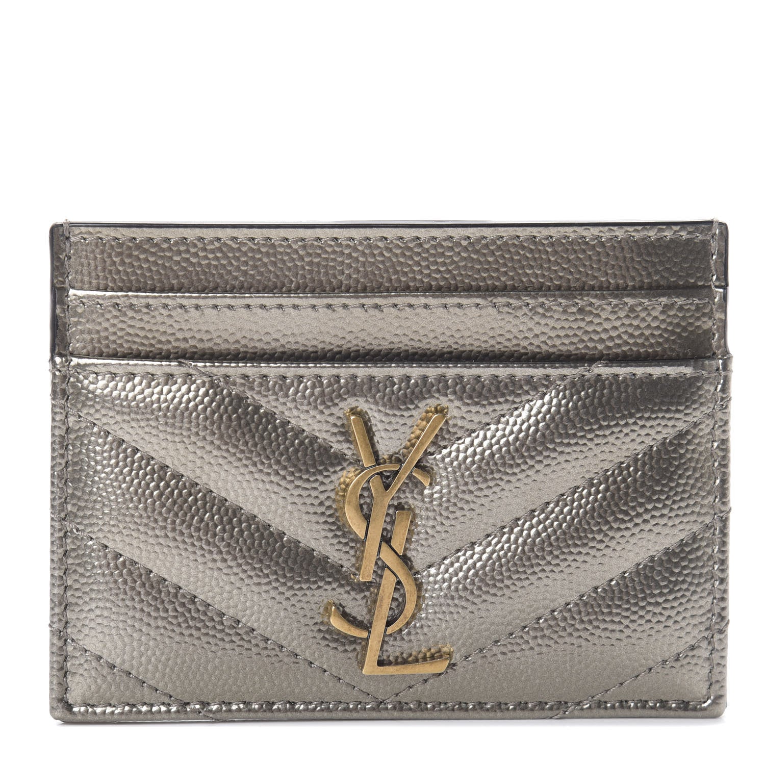 Saint Laurent Metallic Grain De Poudre Matelasse Chevron Monogram Credit Card Case Pimbo 1 of 6