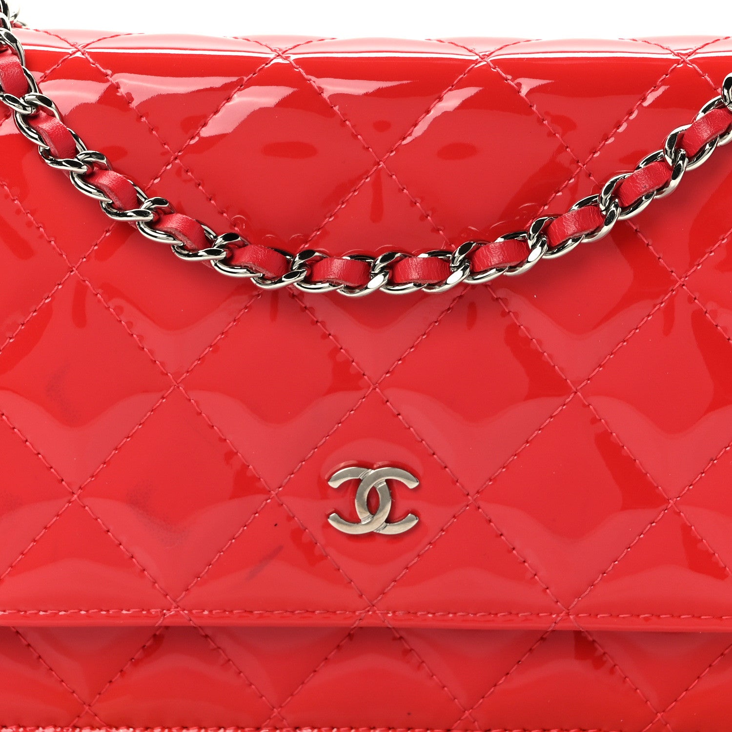 Chanel Patent Quilted Wallet On Chain WOC Coral 9 of 13