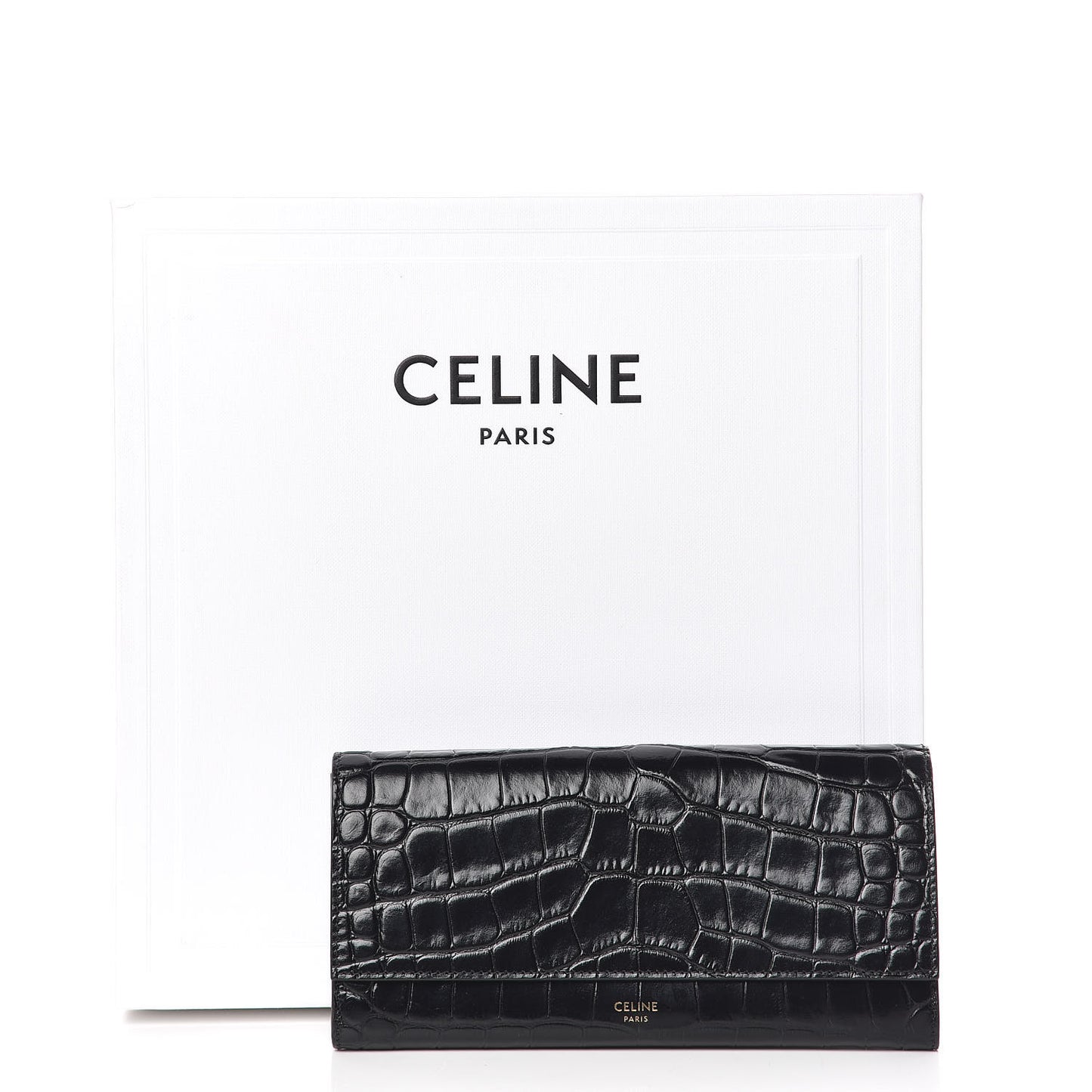 Crocodile Embossed Calfskin Large Flap Wallet Black