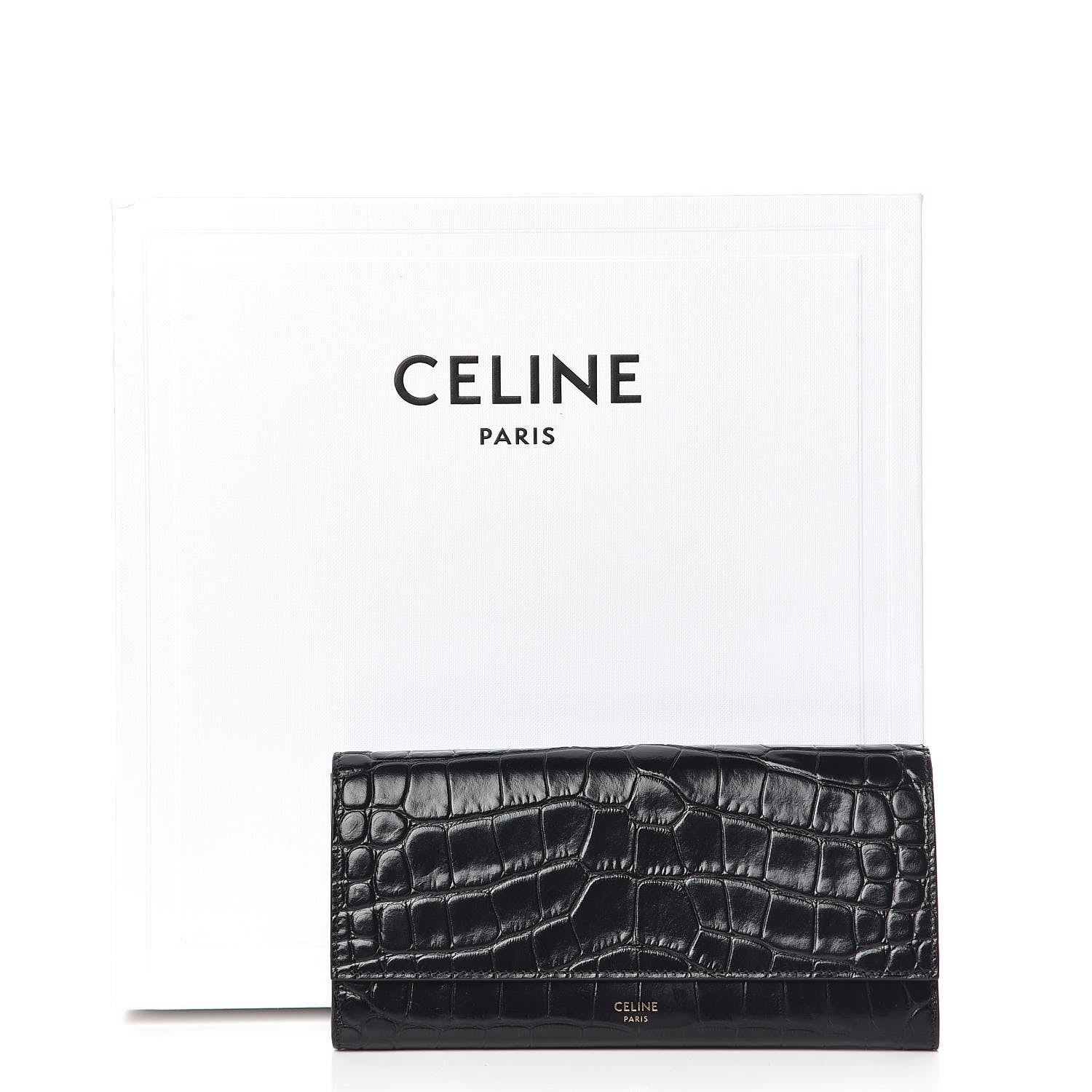 Celine Crocodile Embossed Calfskin Large Flap Wallet Black 8 of 8