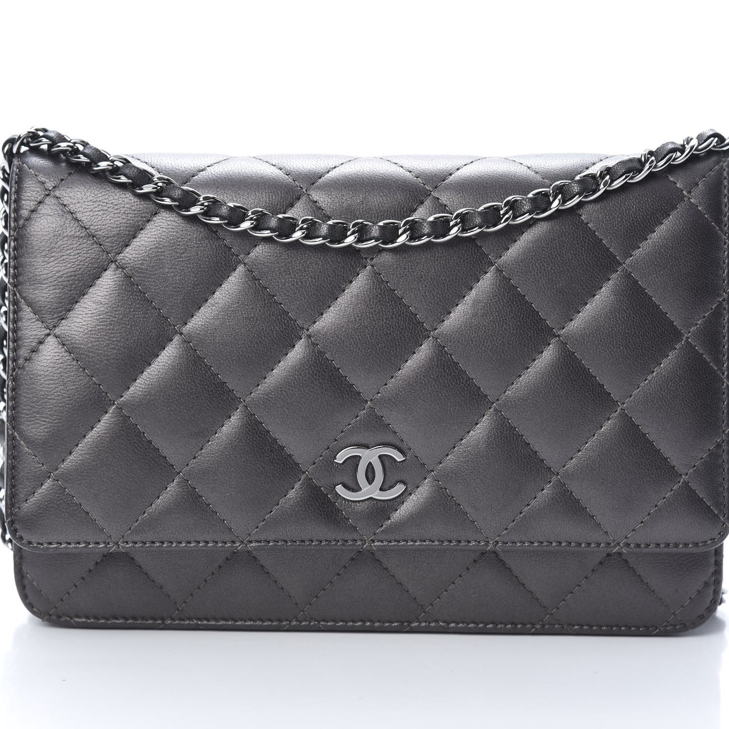 Iridescent Lambskin Quilted Wallet On Chain WOC Grey