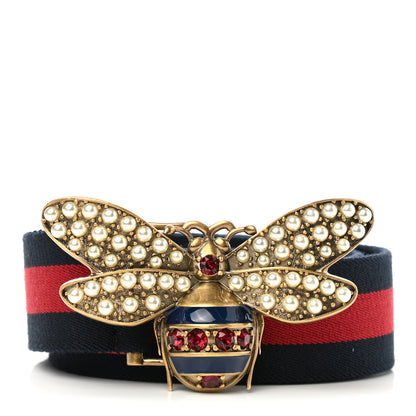 Gucci Web Queen Margaret Bee Belt 80 32 Red Navy 1 of 3