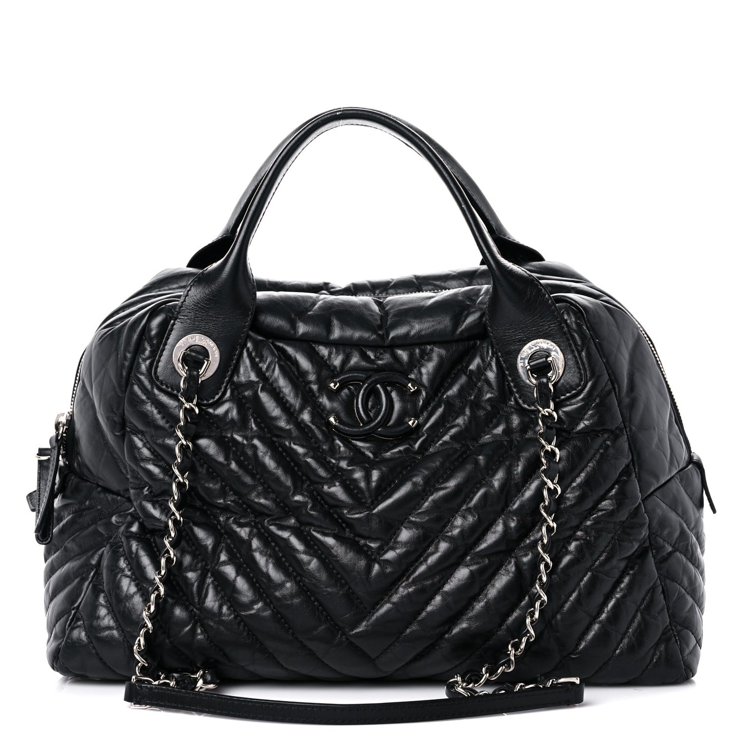 Aged Calfskin Chevron Medium Soft Bowling Bag Black