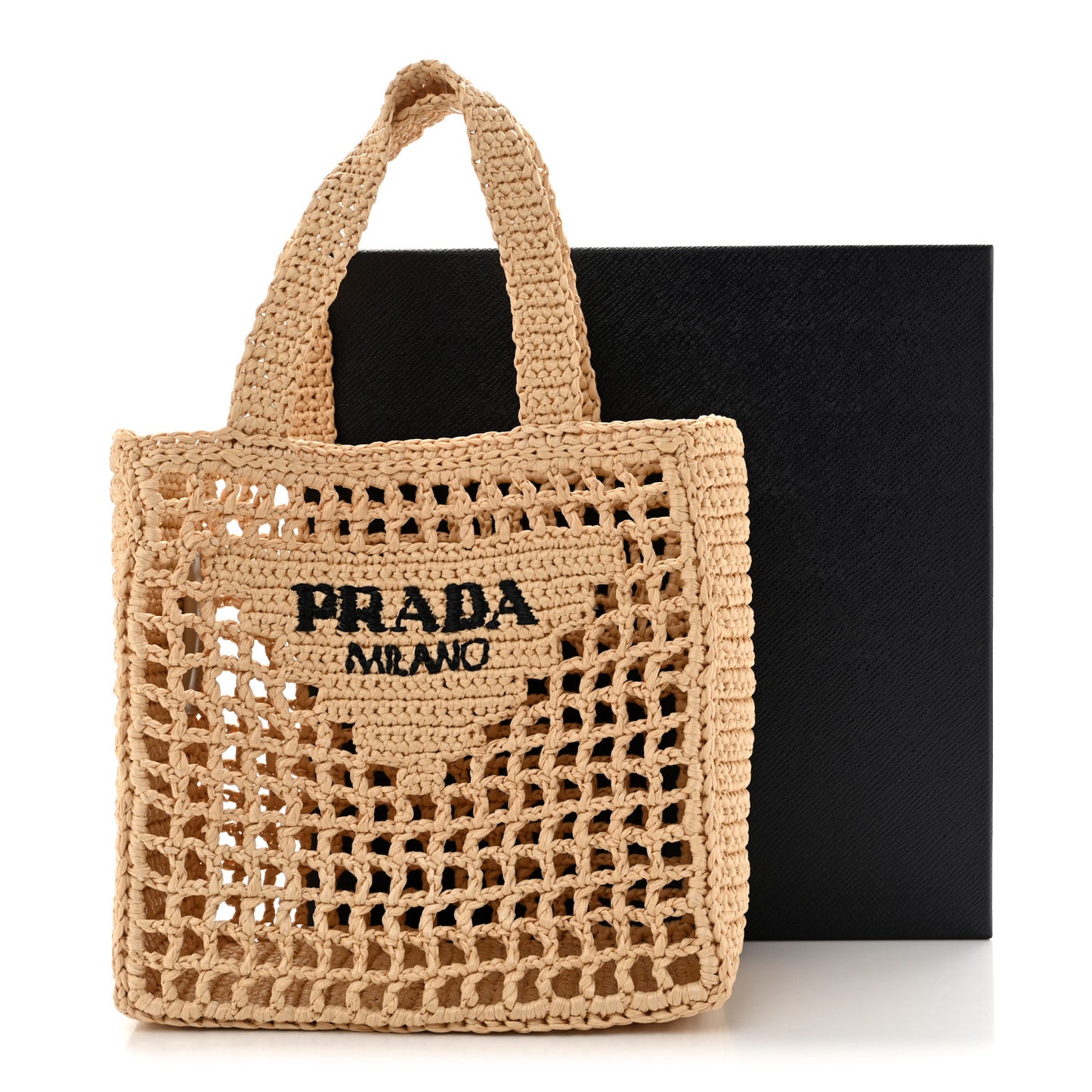 Yarn Raffia Effect Crochet Logo Embroidered Small Tote Bag Naturale