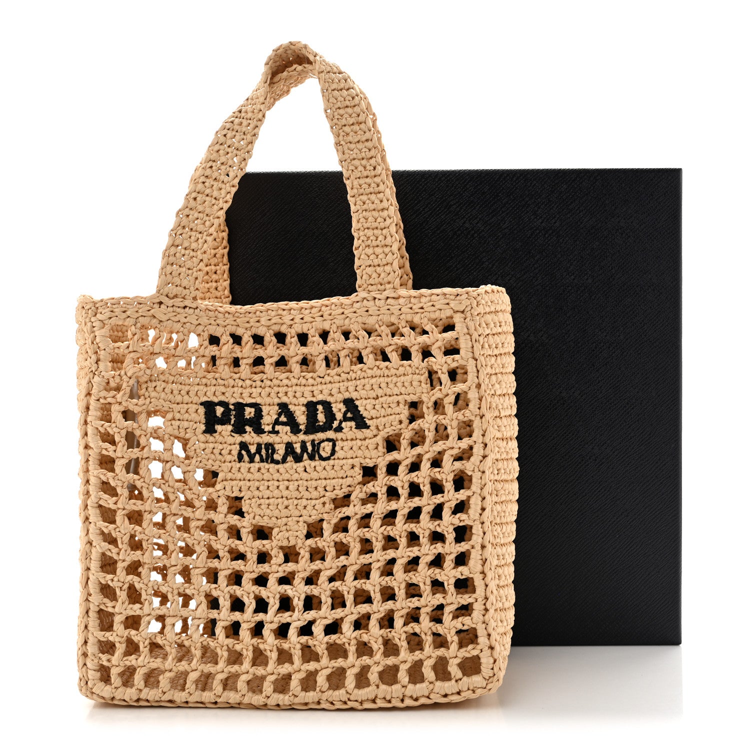 Prada Yarn Raffia Effect Crochet Logo Embroidered Small Tote Bag Naturale 12 of 12