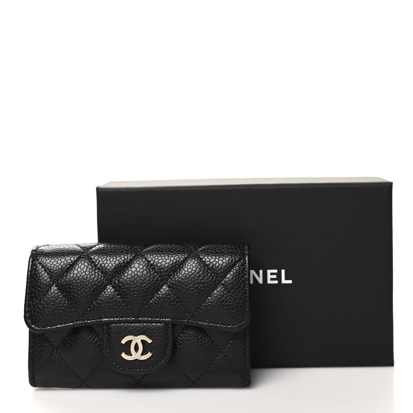 Caviar Quilted Flap Card Holder Wallet Black