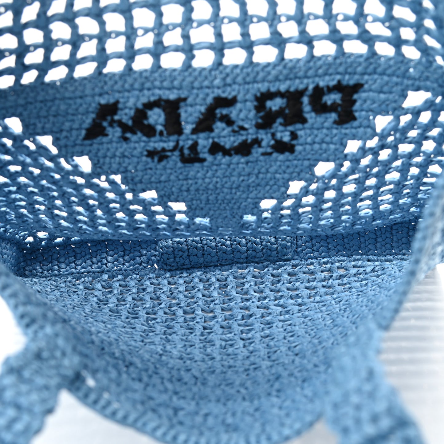 Yarn Raffia Effect Crochet Logo Embroidered Tote Bag Celeste
