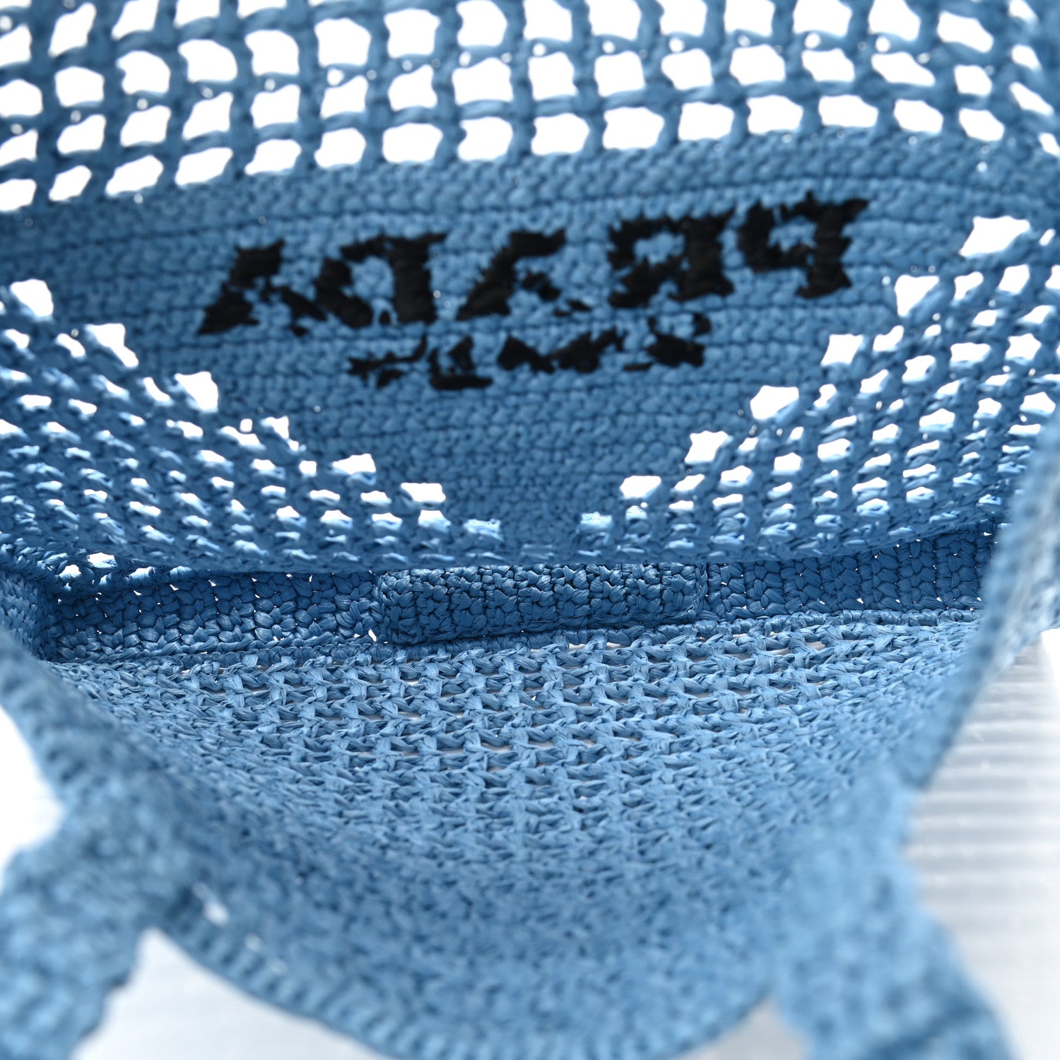 Prada Yarn Raffia Effect Crochet Logo Embroidered Tote Bag Celeste 5 of 9