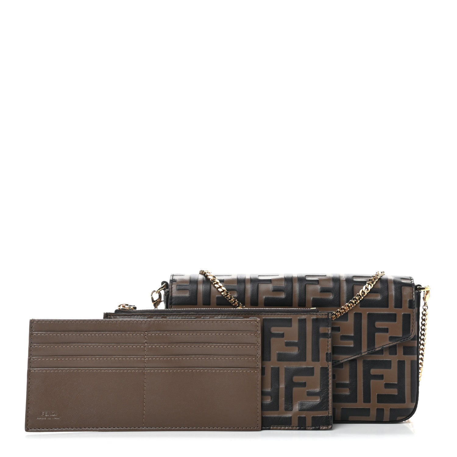 Fendi Vitello Soft F is Fendi Bi-Color FF 1974 Embossed Envelope Wallet On Chain with Pouches Maya Black 1 of 10