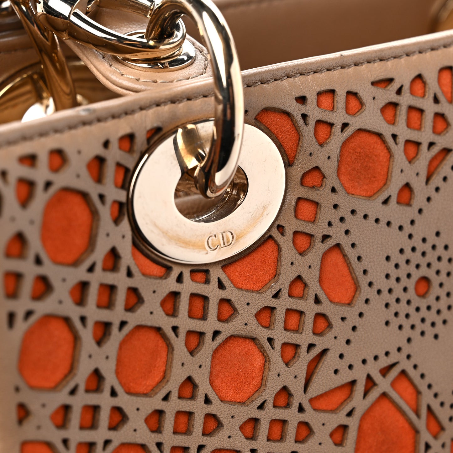Calfskin Suede Cutout Stars Medium Lady Dior Beige Orange