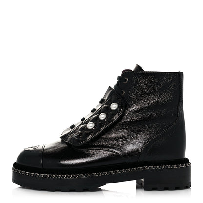 Chanel Crackled Calfskin Velvet Pearl Combat Short Boots 36.5 Black 1 of 6