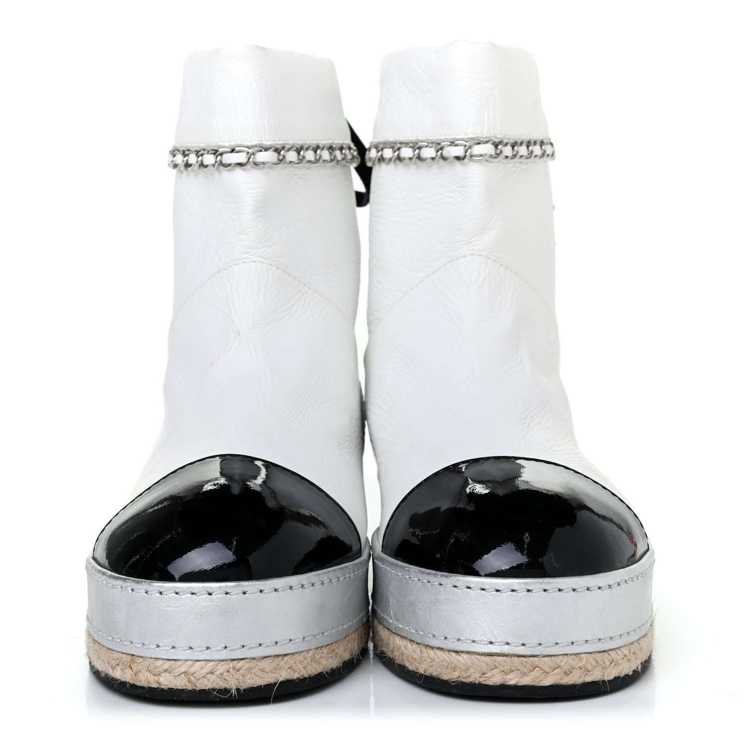 Chanel Lambskin Patent Cap Toe CC Chain Espadrille Boots 38 White Silver Black 2 of 4