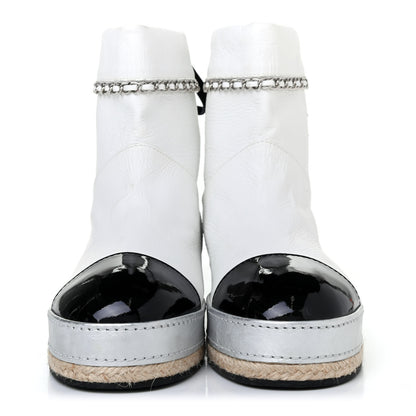 Chanel Lambskin Patent Cap Toe CC Chain Espadrille Boots 38 White Silver Black 2 of 4