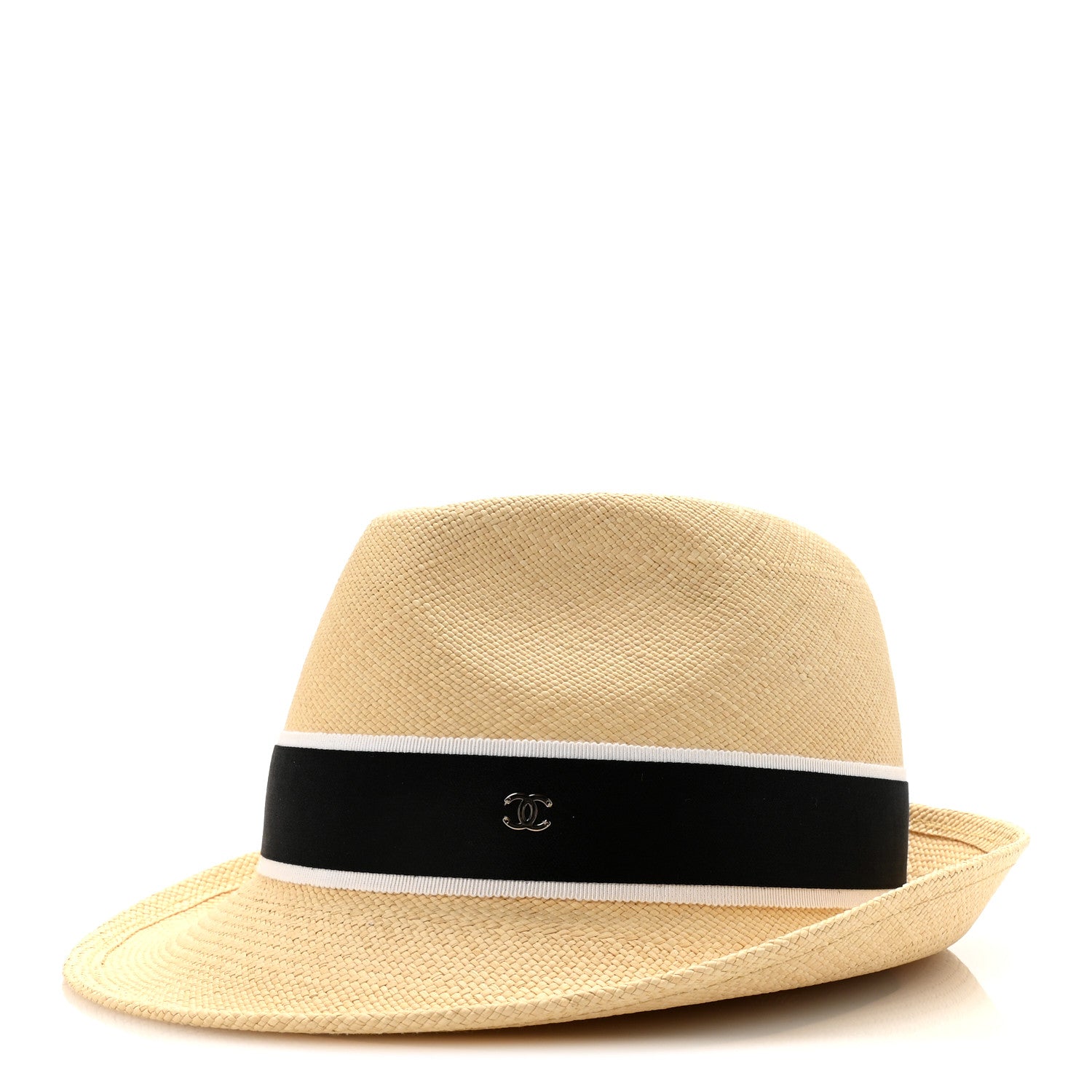 Chanel Straw Grosgrain Ribbon Fedora Hat S Beige Black 1 of 8