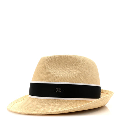 Chanel Straw Grosgrain Ribbon Fedora Hat S Beige Black 1 of 8