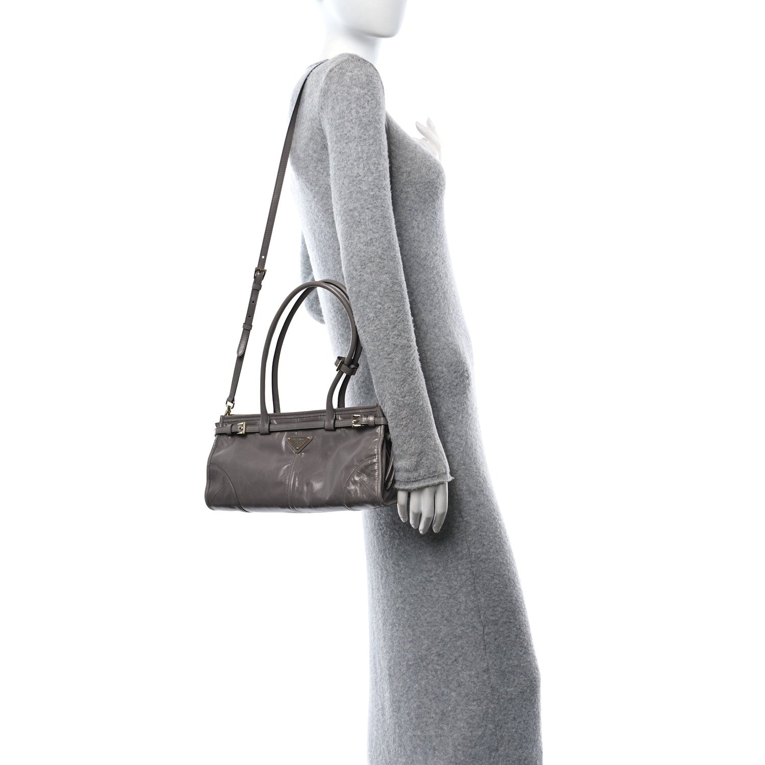 Prada Glossy Calfskin Triangle Medium Bonnie Shoulder Bag Pewter 3 of 10