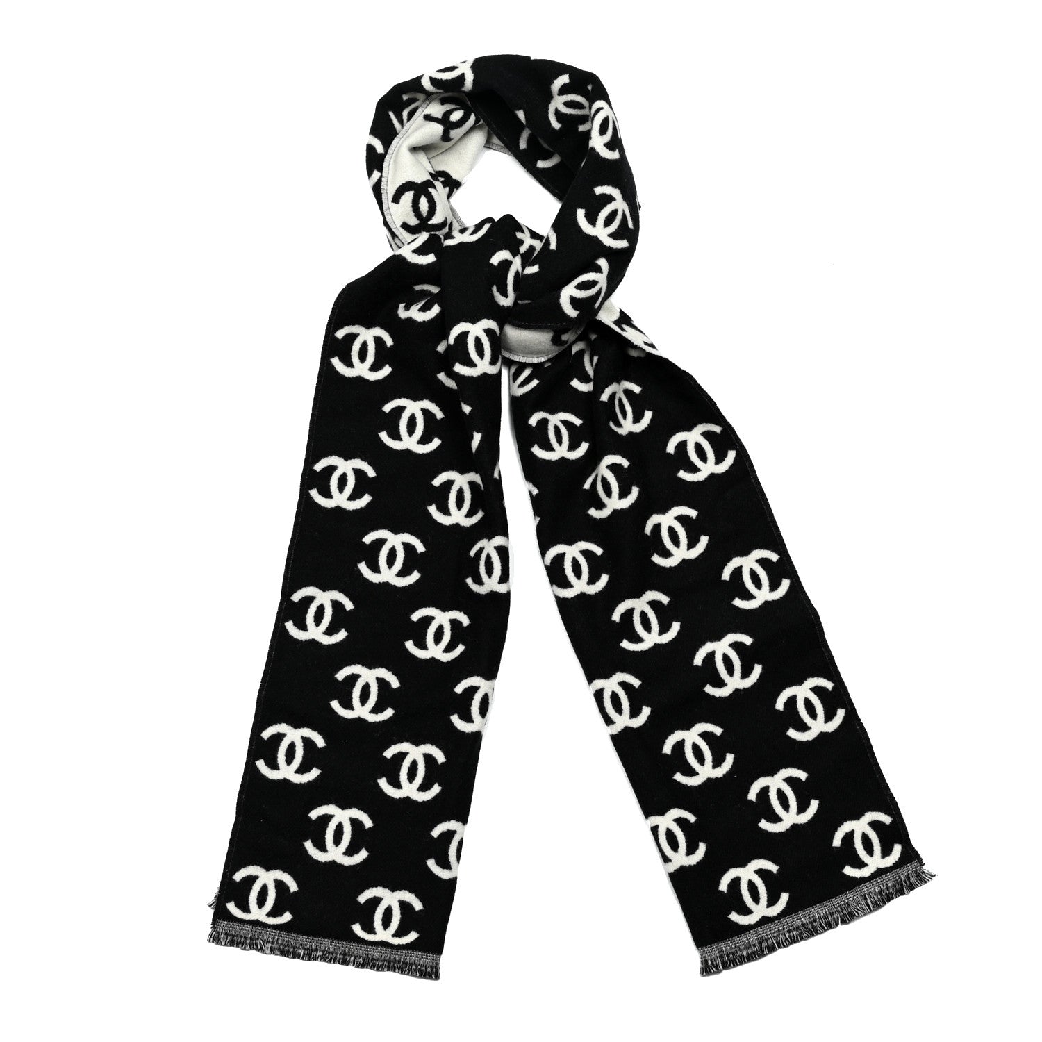 Chanel Wool Cashmere CC Scarf Black White 1 of 3