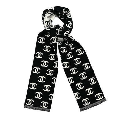 Chanel Wool Cashmere CC Scarf Black White 1 of 3