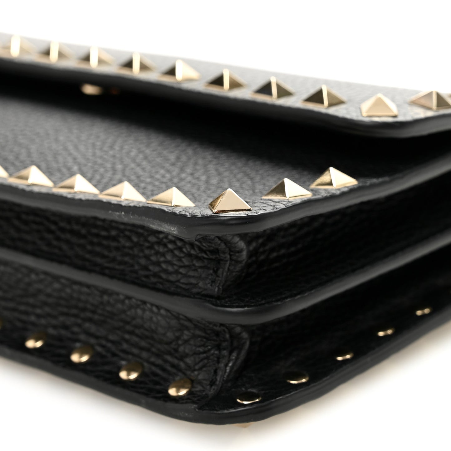 Pebbled Calfskin Rockstud Flap Wallet On Chain Black