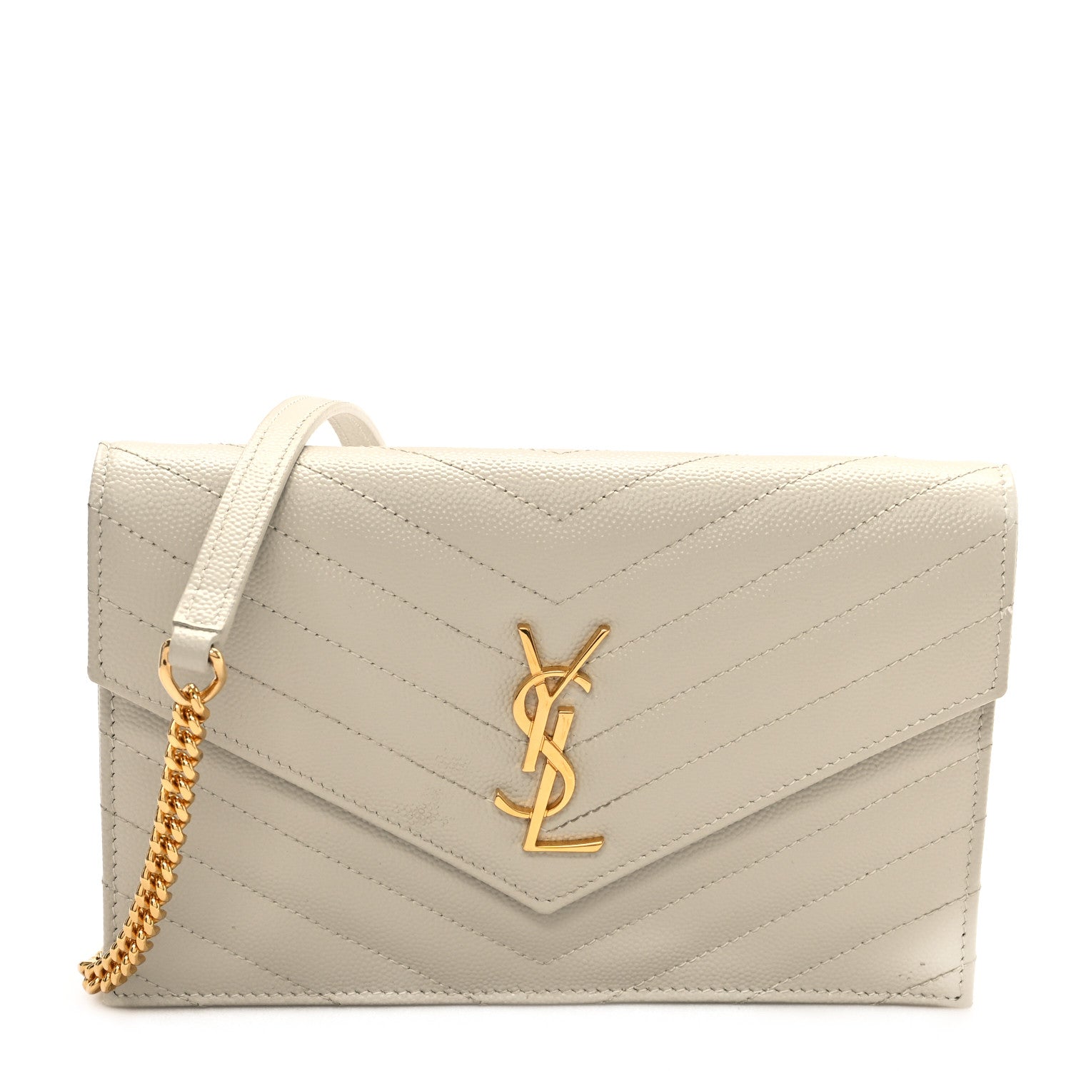 Saint Laurent Grain De Poudre Matelasse Chevron Monogram Envelope Chain Wallet Crema Soft 1 of 12