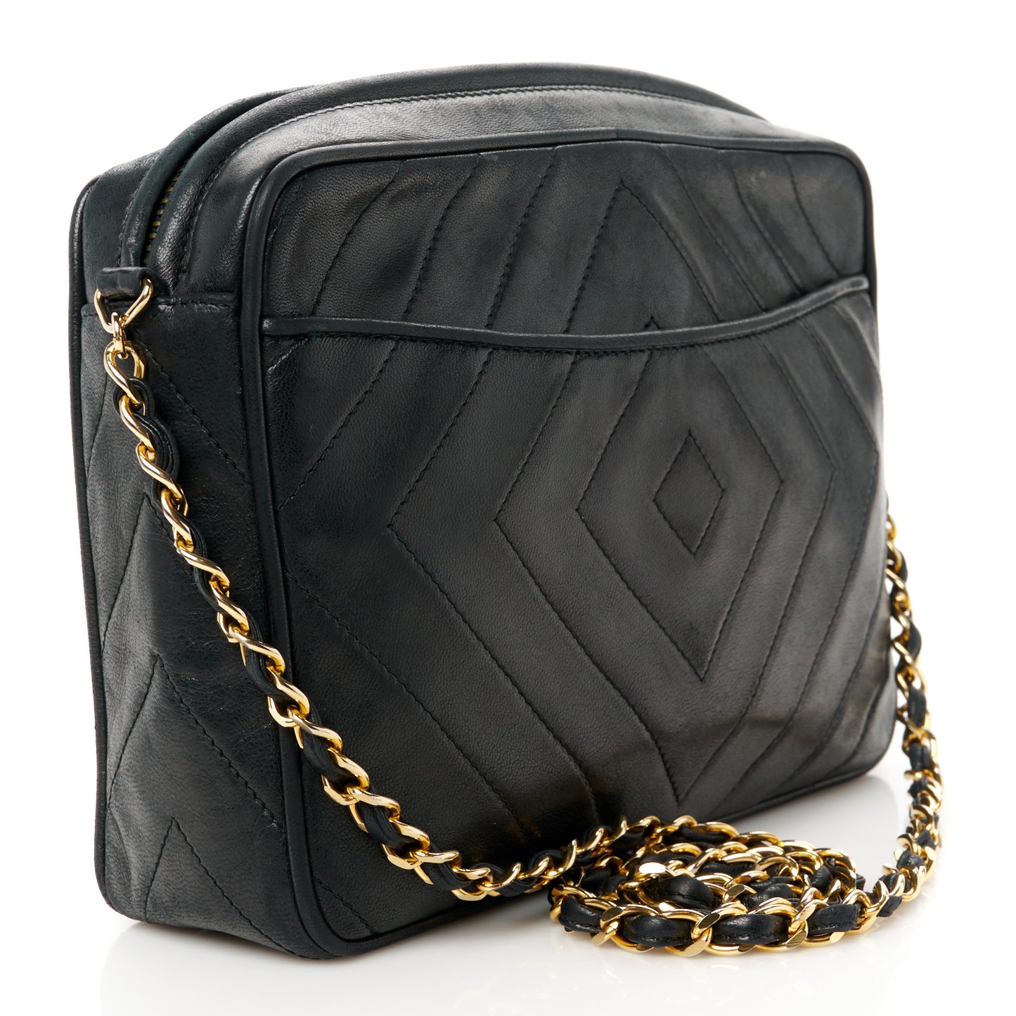 Lambskin Chevron Quilted Tassel Camera Case Black