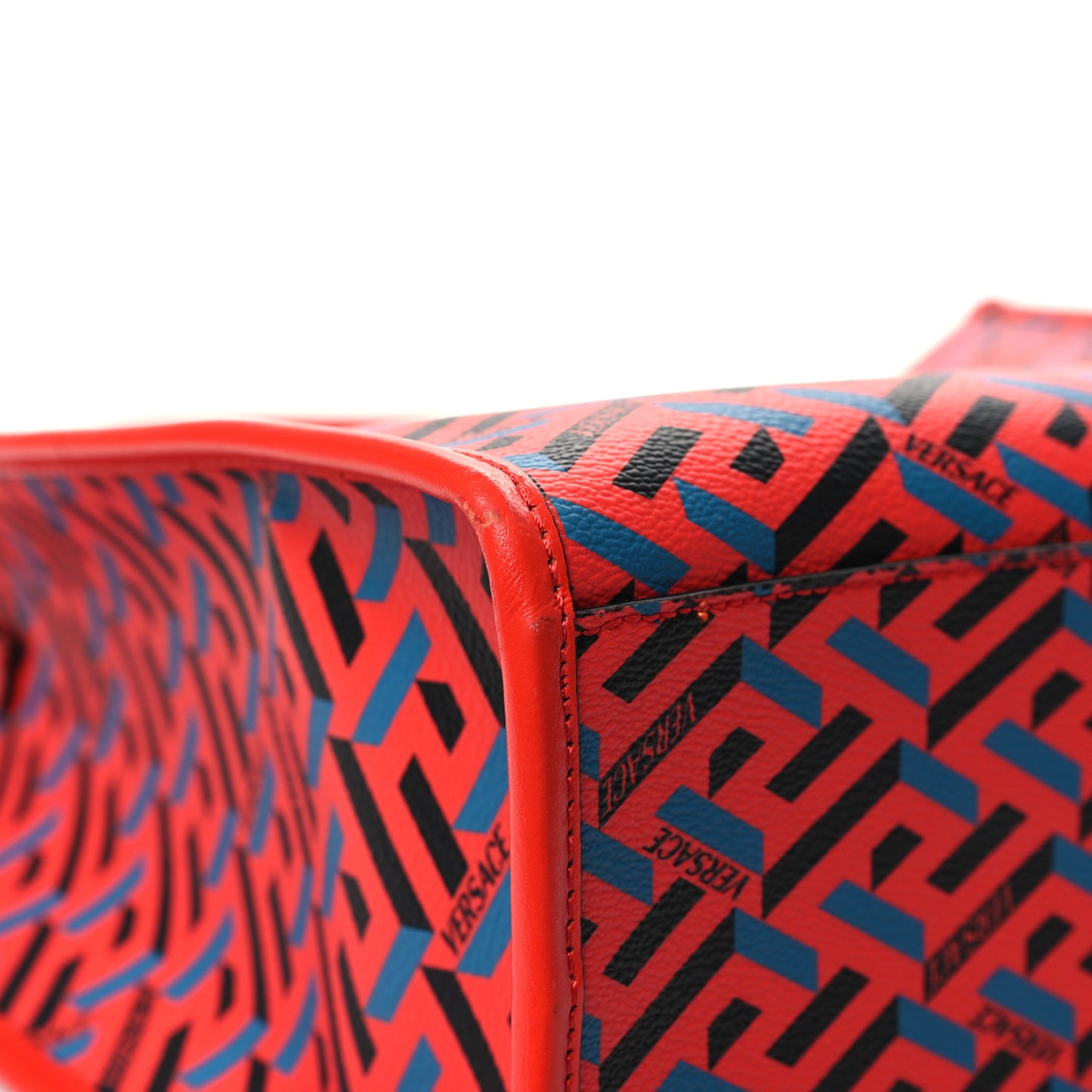 Coated Canvas Calfskin La Greca Signature Tote Bag Blue Red