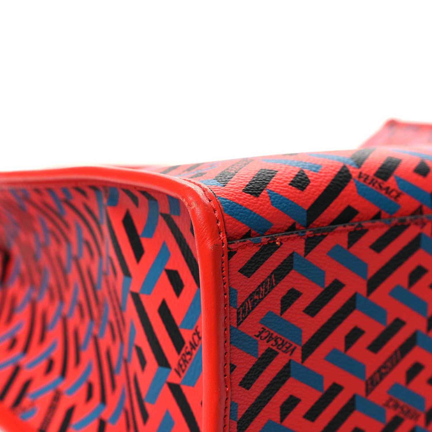 Versace Coated Canvas Calfskin La Greca Signature Tote Bag Blue Red 10 of 11