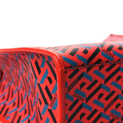Versace Coated Canvas Calfskin La Greca Signature Tote Bag Blue Red 10 of 11