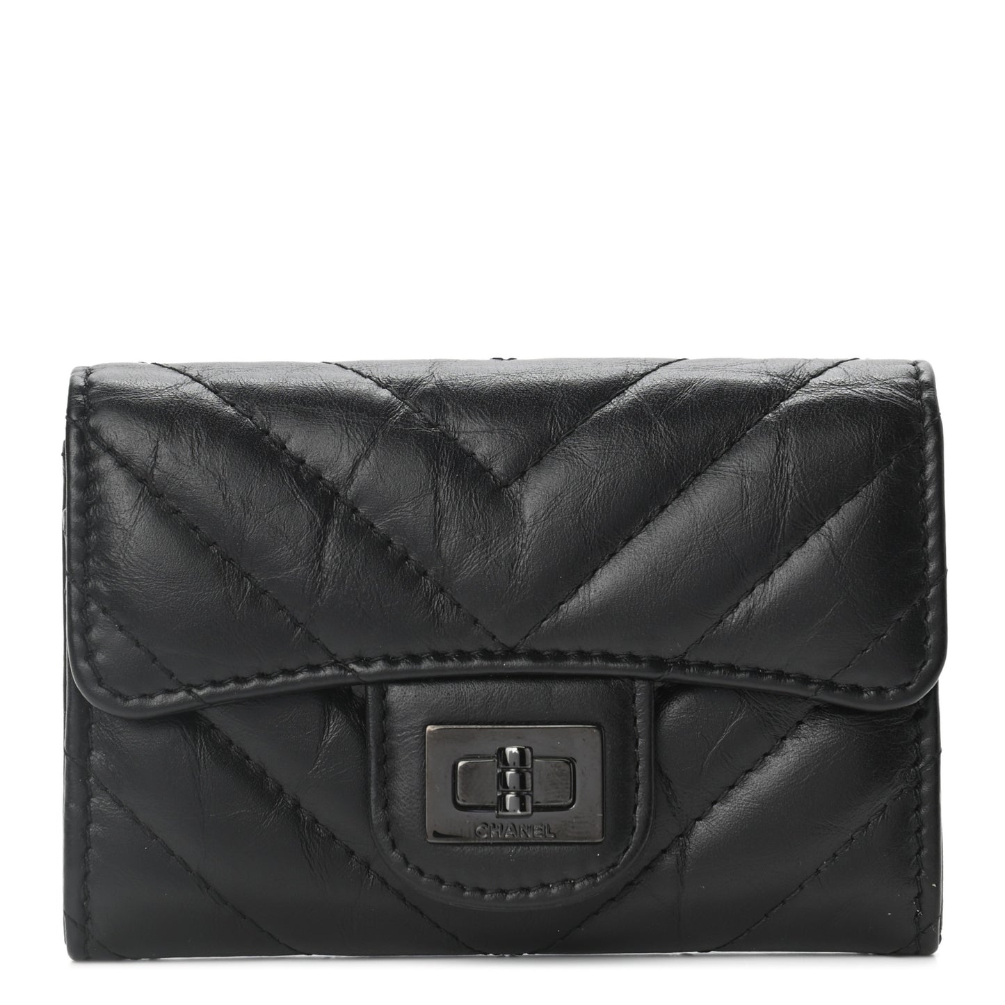 Aged Calfskin Chevron Quilted Reissue Flap Card Holder So Black